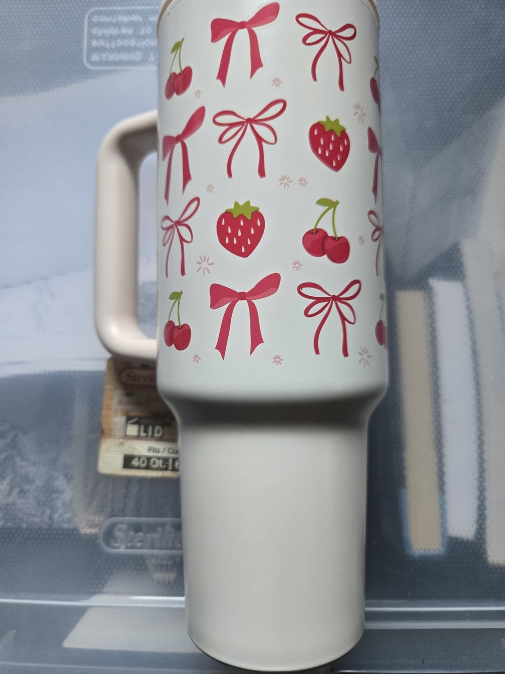 White Travel Tumbler with Pink Strawberry, Cherry & Bow Pattern